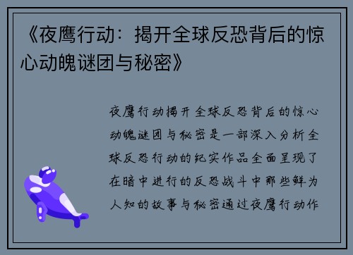 《夜鹰行动：揭开全球反恐背后的惊心动魄谜团与秘密》