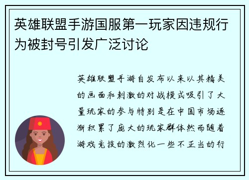 英雄联盟手游国服第一玩家因违规行为被封号引发广泛讨论